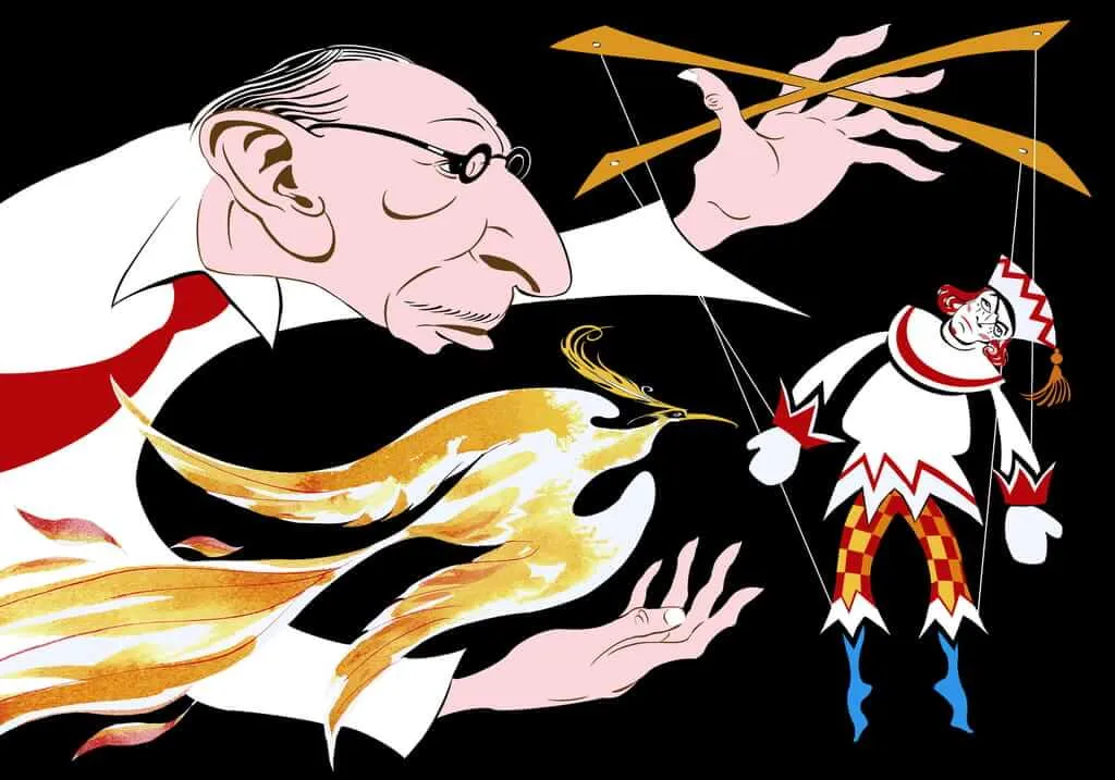 Caricature d’Igor Stravinsky avec un oiseau de feu, par Neale Osborne