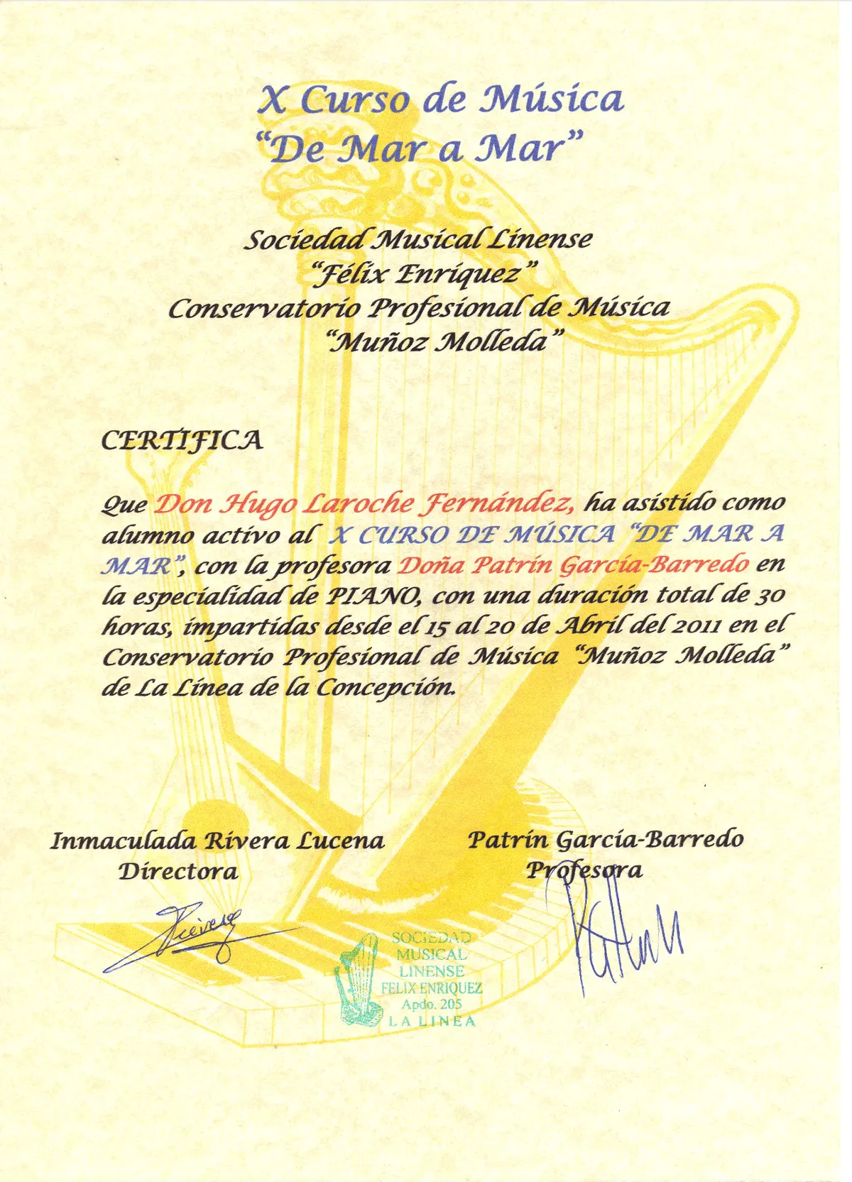 Certificat de cours ou de masterclass de piano 4