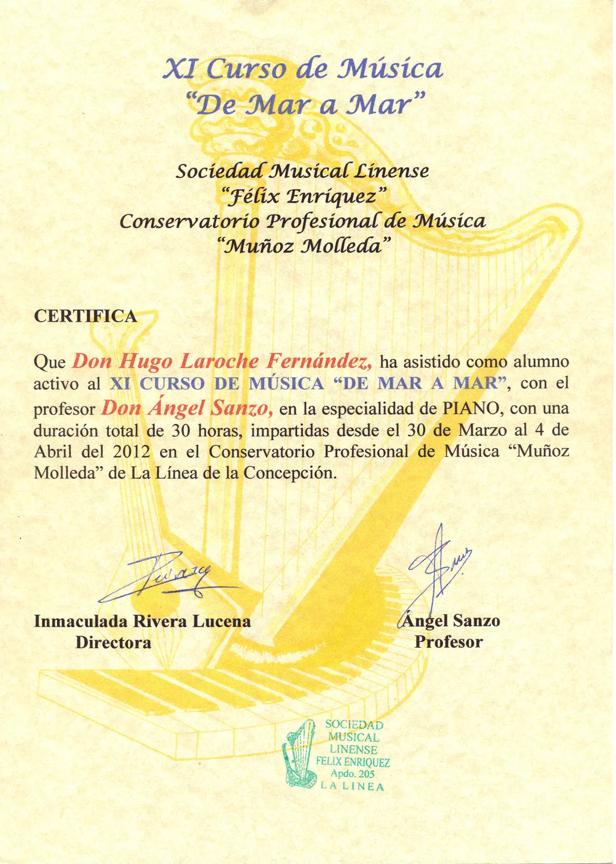 Certificat de cours ou de masterclass de piano 5