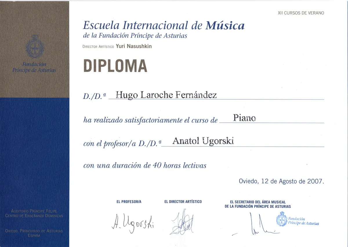 Certificat de cours ou de masterclass de piano 7