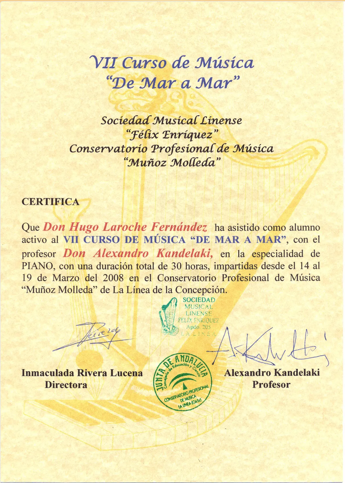 Certificado de curso o masterclass de piano 1