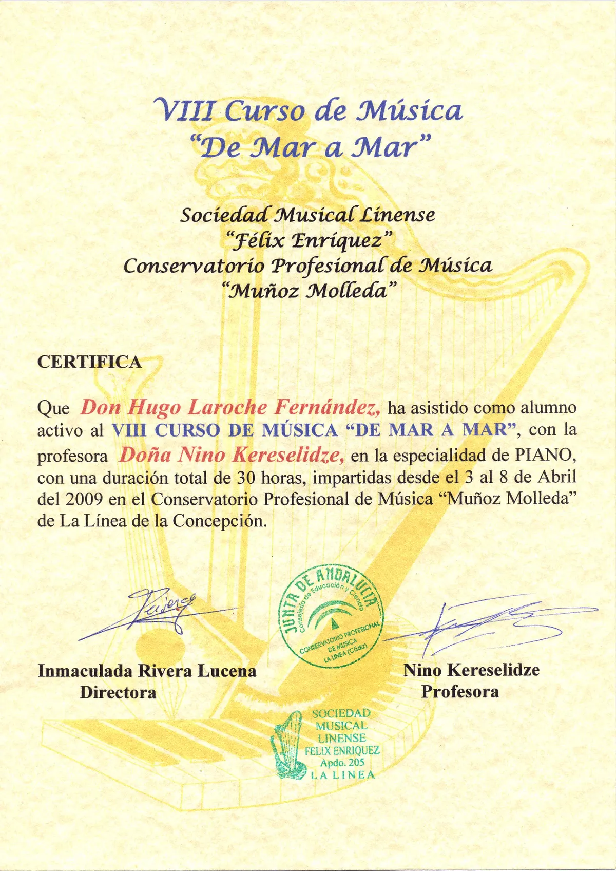 Certificado de curso o masterclass de piano 2