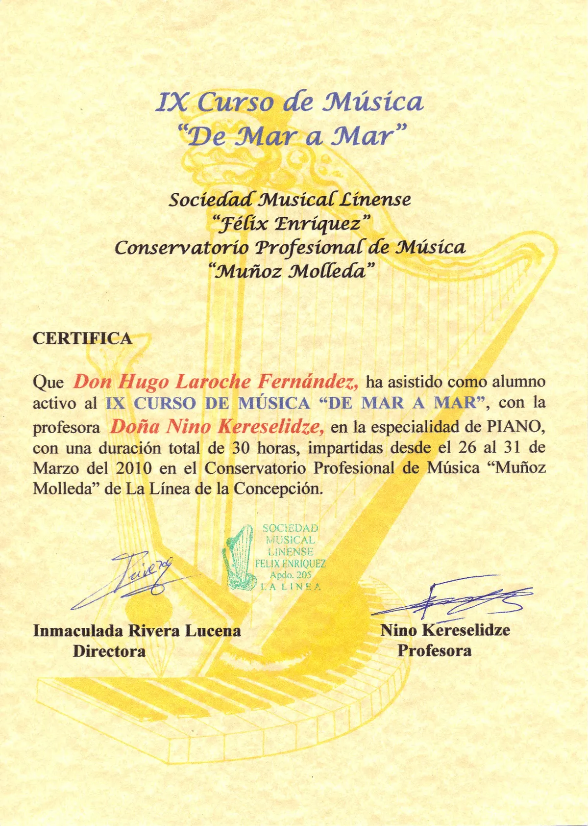 Certificado de curso o masterclass de piano 3