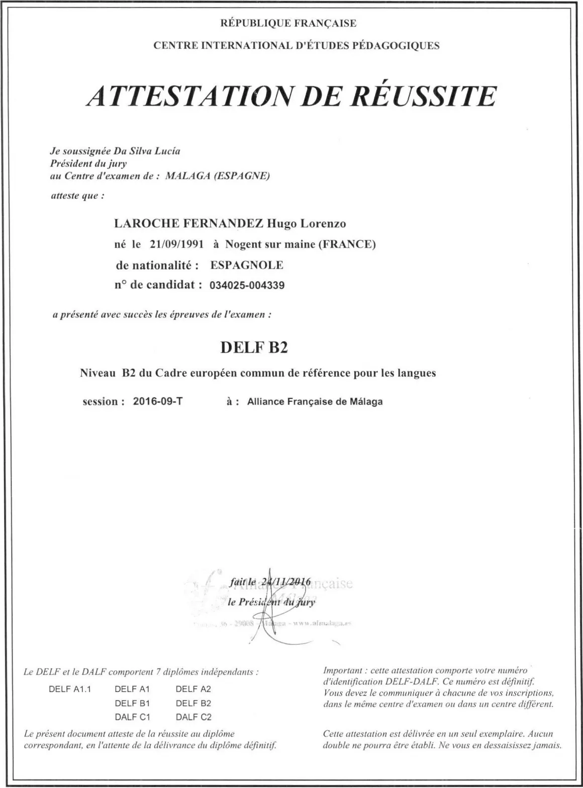 Diploma de francés de la Alianza Francesa de Hugo Laroche
