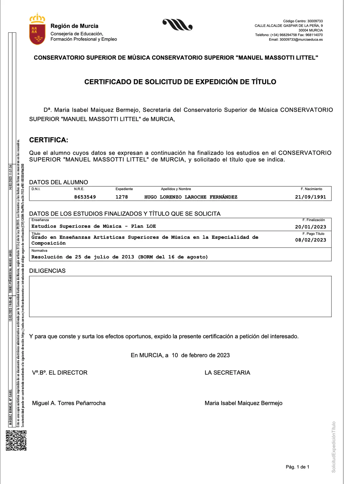 Título superior de Composición de Hugo Laroche, Conservatorio Superior de Málaga