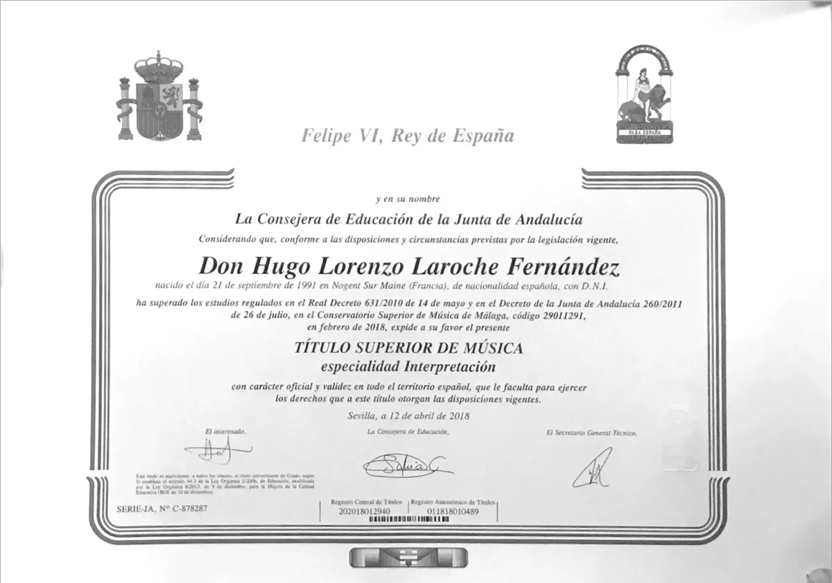 Título superior de Piano de Hugo Laroche, Conservatorio Superior de Málaga