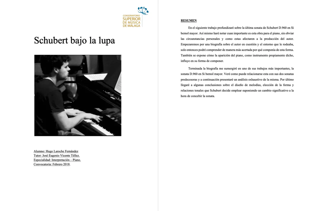 Portada del trabajo final de interpretación sobre la última sonata de Schubert